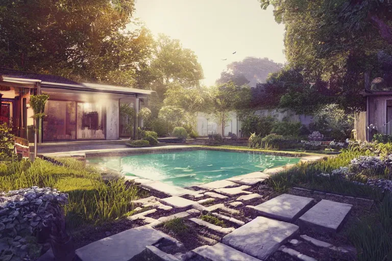 Image similar to serene garden with pool and a house in the background, hyper realistic, ambient lighting, concept art, intricate, hyper detailed, smooth, dynamic volumetric lighting, octane, raytrace, cinematic, high quality, high resolution, 4 k, cgsociety, rutkowski, gurney