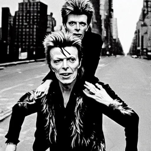 Image similar to david bowie from changes giving a piggy back ride to ziggy stardust. as a photograph with new york in the background