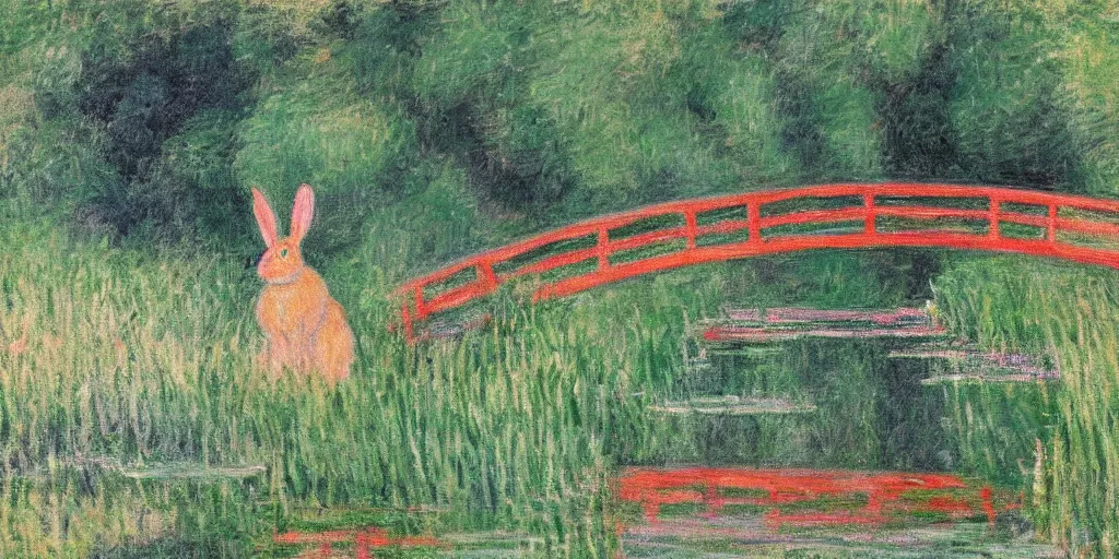 Image similar to a painting of a rabbit standing on a small wooden bridge, in the style of monet