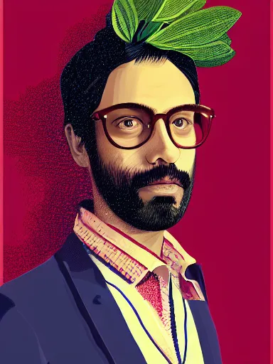 Prompt: artwork by Enjolras Delphin and Wes Anderson, of a solo individual portrait of an Indian guy with lilies, dapper, simple illustration, domestic, nostalgic, full of details, Matte painting, trending on artstation and unreal engine