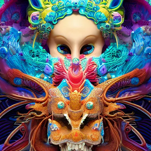 Image similar to 3 d goddess close - up frontal portrait with ram golden skull. beautiful intricately detailed japanese crow kitsune mask and clasical japanese kimono. betta fish, jellyfish phoenix, bio luminescent, plasma, ice, water, wind, creature, mandelbulb, fractal, artwork by tooth wu and wlop and beeple and greg rutkowski