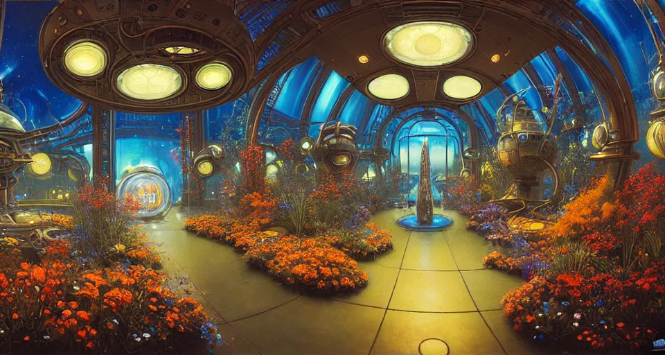 Image similar to fish eye lens a bright minimalist bioluminescent oil painting by donato giancola, warm coloured, cinematic scifi luxurious futuristic foggy steam filled victorian garden mall interior with microscopy radial windows flowers growing out of pretty bulbous ceramic fountains, gigantic pillars and flowers, maschinen krieger, beeple, star trek, star wars, ilm, atmospheric perspective