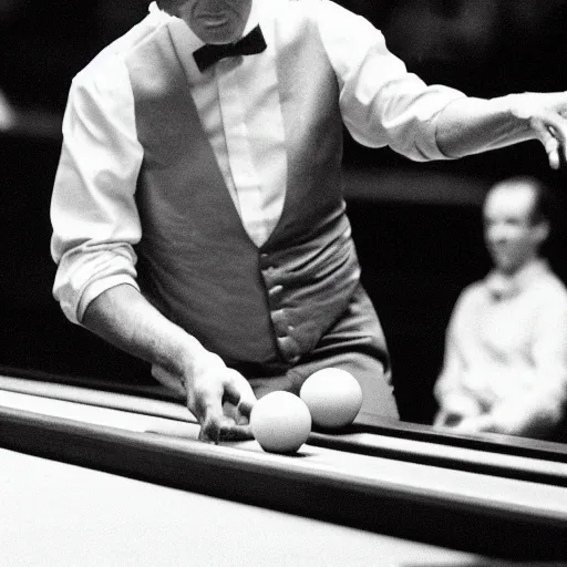 Prompt: snooker player Steve Davis potting an onion in the middle pocket of the snooker table with a snooker cue