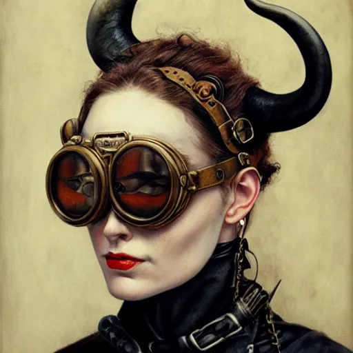 Image similar to a hyperrealistic portrait painting of a beautiful woman with demon horns wearing steampunk goggles, by santiago caruso, highly detailed,