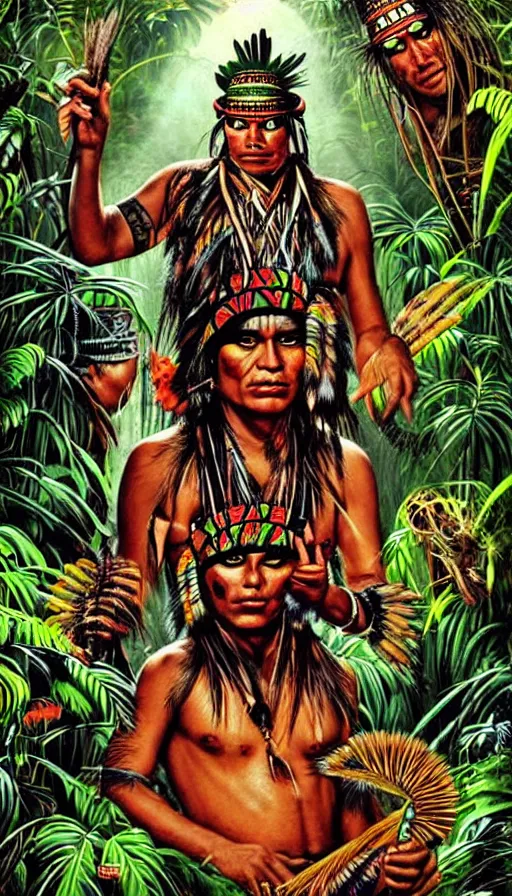Prompt: an indigenous dj in the jungle, poster art by daniele caruso, benediktus budi, jason edmiston, vc johnson, powell peralta