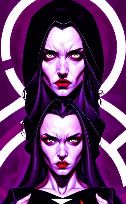 Image similar to rafael albuquerque comic cover art, artgerm, joshua middleton, pretty stella maeve witch doing black magic, serious look, purple dress, symmetrical eyes, symmetrical face, long black hair, full body, twisted evil dark forest in the background, cool colors