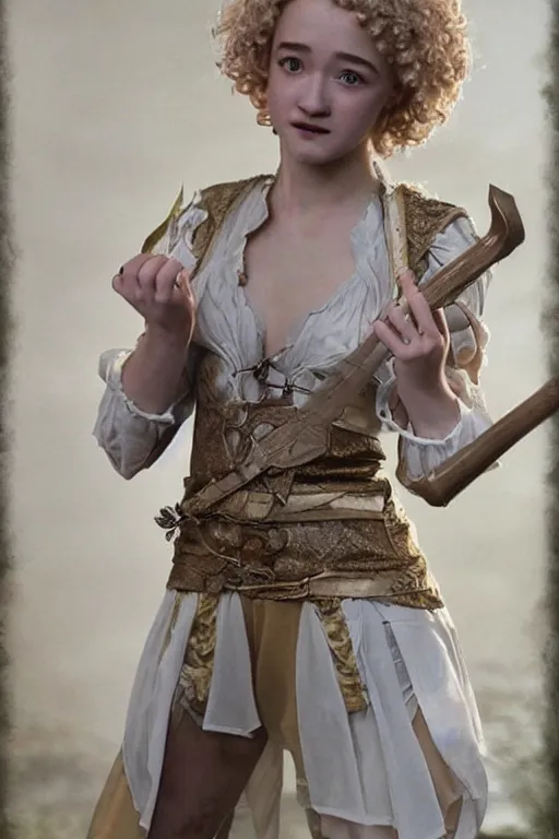 Prompt: fantasy character, photograph. female bard 1 9. pretty face, julia garner, pale skin, shortish sandy - blonde hair, messy curls. petite, ectomorphic, wiry. offwhite, shortsleeved tunic yellow trim, kneelength brown shorts. fancy cittern, fancy dagger. hot mess, extremely charismatic.