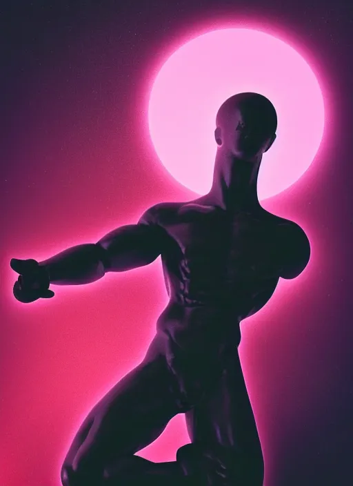 Image similar to statue of atlas holding the world, beeple, vaporwave, retrowave, black background, neon wiring, black, glitch, strong contrast, cuts, pinterest, trending on artstation