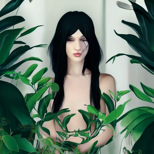 Prompt: pretty woman with pale skin, long black hair in a room full of beautiful plants, abstract, beautiful digital art trending on artstation