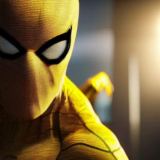 Image similar to still photo of yellow spider - man, highly detailed, photorealistic portrait, bright studio setting, studio lighting, crisp quality and light reflections, unreal engine 5 quality render