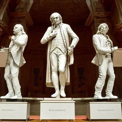 Image similar to mozart and beethoven and bach and liszt all standing next to each other, they're all statues, octane render, 8 k, highly detailed, hyper - realistic.