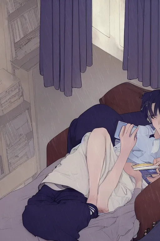 Image similar to a teenage girl with white short hair in a jk uniform outfit in the bedroom reading a book in a night, raining outside the window, grey and blue theme, by krenz cushart and mucha and akihito yoshida and greg rutkowski and makoto shinkai, detailed eyes, 4 k resolution