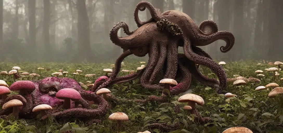 Prompt: an | octopus in the shape of a skull | surrounded by flowers and mushrooms at dawn, foggy, cinematic shot, photo still from movie by denis villeneuve, wayne barlowe