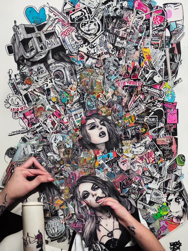 Prompt: a multilayered mixed media street art bursting with nostalgic pop culture references, punk symbols and tattoo designs, sharp details, flat white background, art by stikki peaches