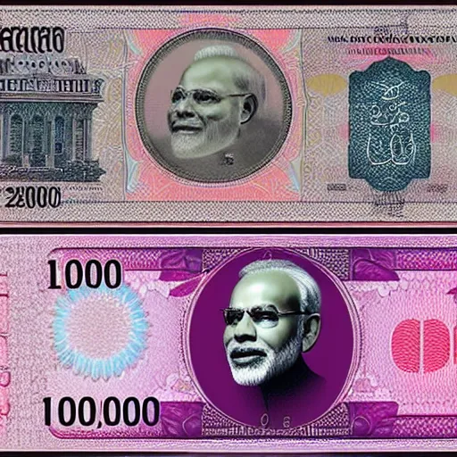 Image similar to 2000 rupees currency note with Narendra Modi's face on it, designed by H R Giger, the note also has a nano chip, pink,