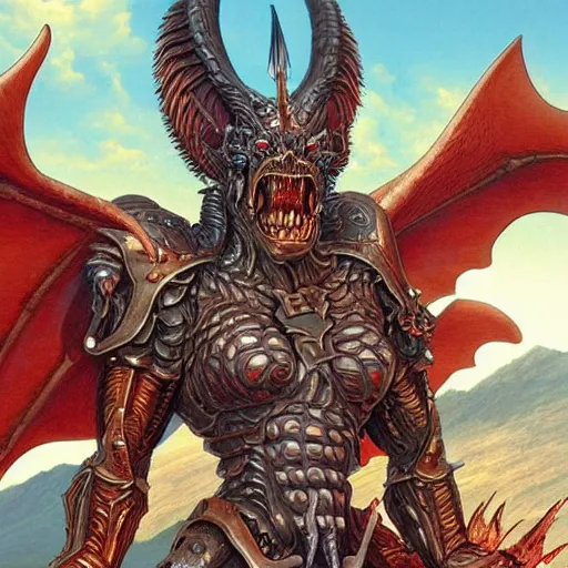 Prompt: am a naranbaatar ganbold, jean giraud, artgerm, devil in armor made of iron and dragon bones, with hellish devil wings, height detailed body elements, against the background of mountains, ocean, battlefield