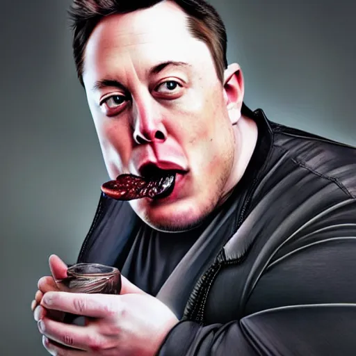 Image similar to stunning award winning hyperrealistic hdr 8 k highly detailed portrait photo of morbidly obese elon musk eating a rocket