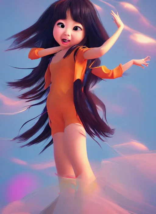 Image similar to a cute asian girl singing, flowing hair in the style of pixar animation, full body shot, low angle view, award winning, hyper detailed, studio lighting, artstation, octane renderer, unreal engine