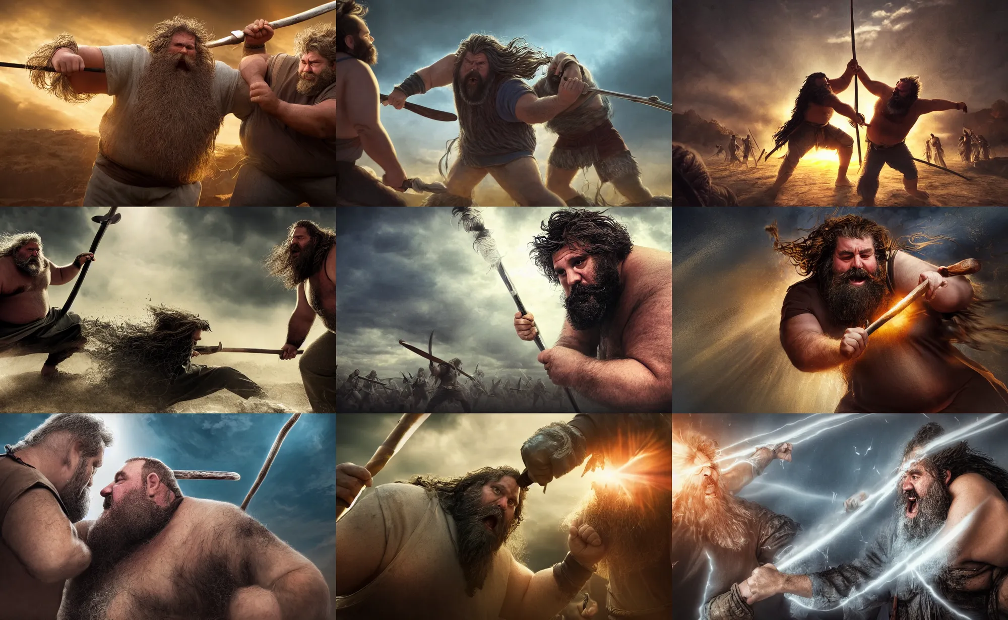 Prompt: cinematic artwork of a large middle aged man with scraggly medium hair and a beard fighting in battle against with a staff against warriors by greg rutowski, 4 k, masterpiece, sun rays