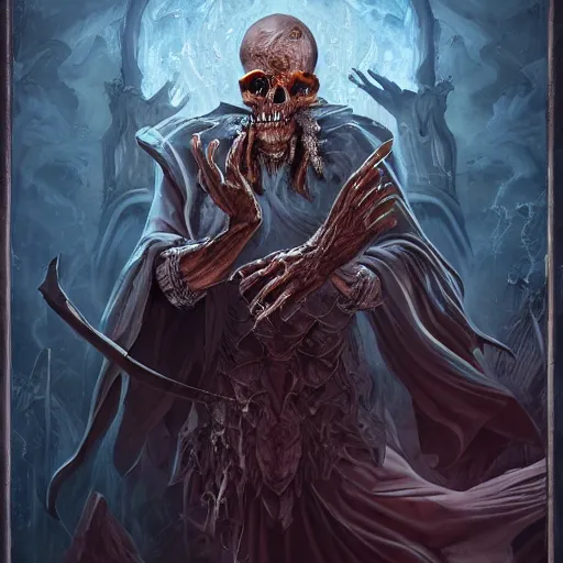 Image similar to high detailed figure of a majestic necromancer summoning the dead, malicious facial expression, full body figure, album cover detailed poster art style by Dariusz Zawadzki