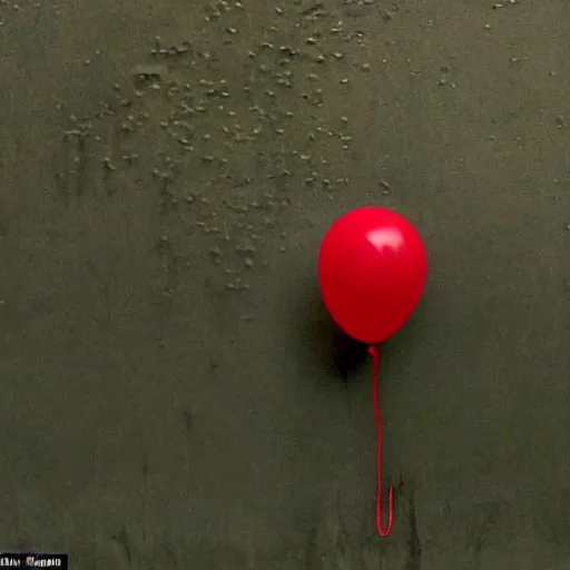 Image similar to down in the sewers of london, dark damp atmosphere, water dripping from the moss covered ceiling, a sinister dark figure is standing at the end of the sewer, a single red balloon with a string attached is floating above the water