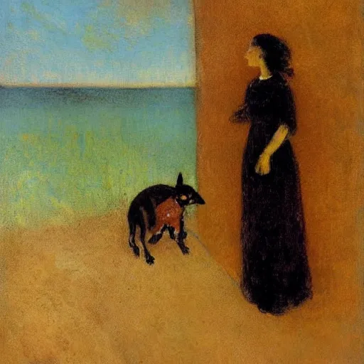 Prompt: a woman and her black and brown chihuahua looking out at the ocean by odilon redon