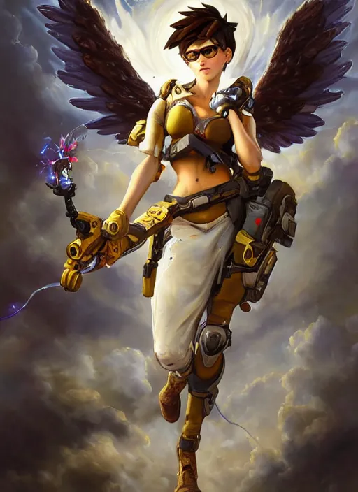 Image similar to full body oil painting of tracer overwatch in the style of sophie anderson, angel wings, white dress, dramatic painting, symmetrical composition, ornate, high detail, gold detailed collar, blooming, lights, flowers,