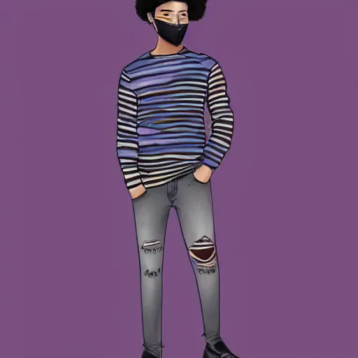 Prompt: professional colored sketch of a full-body view of a stylish young adult man with short hair wearing a black face mask, a striped long-sleeved shirt, and ripped jeans, high quality, HD, 8K, highly detailed, award-winning, dark purple clouds