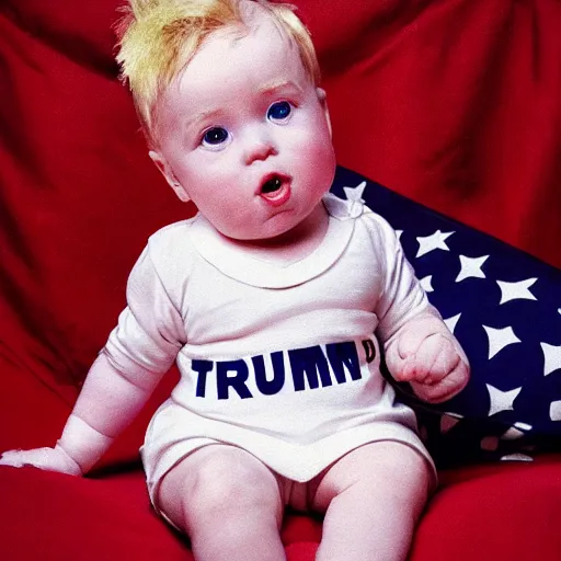 Image similar to donald trump as a baby, wearing a dress, high quality photo, artstation, cute