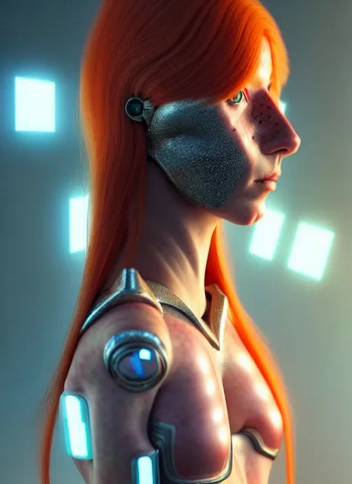 Image similar to beautiful scandinavian redhead female humanoid with freckles, by loish, d & d, fantasy, cyber neon lighting, futurism, intricate futuristic jewelry accessories, cyberpunk high fashion glossy latex suit, profile posing, perfect anatomy, hyper photorealistic, digital photography, artstation, pinterest, concept art, art by pascal blanche and greg rutkowski,