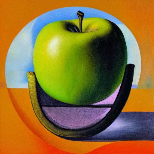 Image similar to a surrealistic painting of an apple surrounded by mirrors pointed at the apple