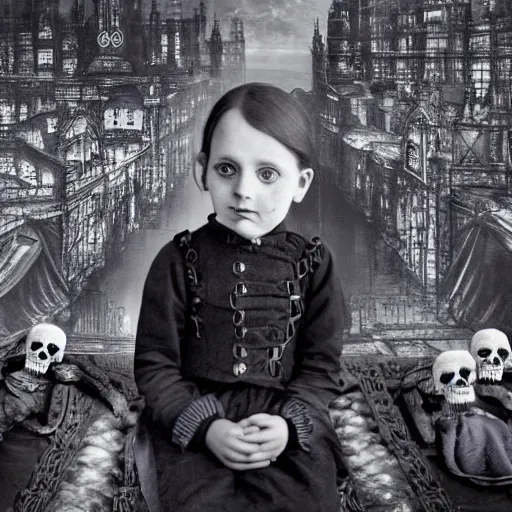 Prompt: a photo of young sad victorian gothic child with big eyes and wide grin sitting on a sofa of bones surrounded by a cyber futuristic cityscape made of human body parts, ultra detailed, 8 k resolution, beautiful lighting, expansive detailed layered city, landscape, 5 0 mm, perfect faces