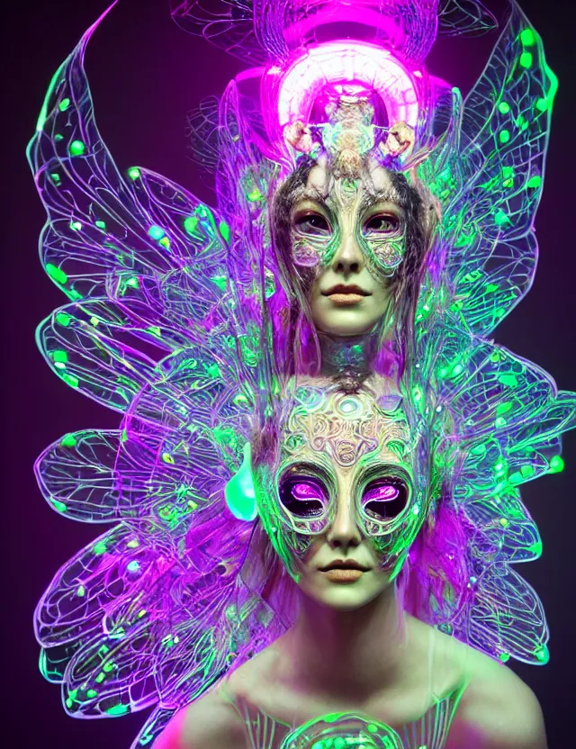 Image similar to 3 d goddess medium shot portrait with hyperdimensional mycorrhizal implants. beautiful intricately detailed avante garde bee mask and retrowave sorceress outfit. glowing bio luminescent, water, pulse projections, creature, artwork by tooth wu and wlop and android jones and beetle and greg rutkowski