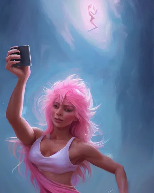 Prompt: female influencer taking a selfie, perfect face, pink halter top, flowing hair, abs, cinematic, stunning, adorable, cute, athletic, strong, agile, highly detailed, psychedelic, digital painting, artstation, smooth, hard focus, illustration, art by jessica rossier and and brian froud