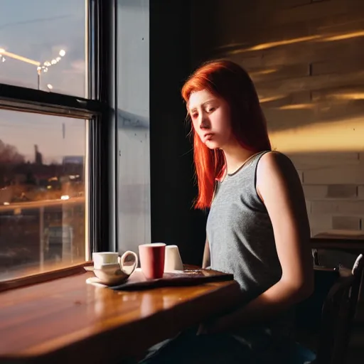 Prompt: mysterious coffee shop girl, sitting across the room, drinking a strawberry iced latte, dim light, dusk, moody lighting, real photo, real camera, amazing quality, 8 k