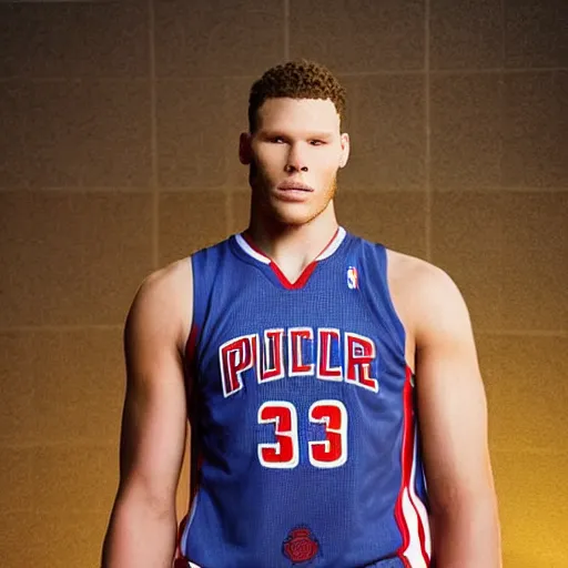 Image similar to “a realistic detailed photo of a guy who is an attractive humanoid who is half robot and half humanoid, who is a male android, basketball player Blake Griffin, shiny skin, posing like a statue, blank stare”