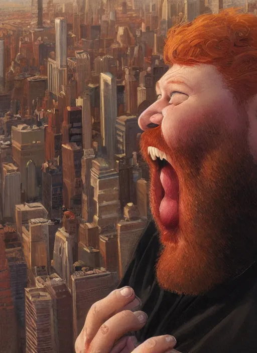 Prompt: a fat redheaded man with beard laughing and talking on a cell phone manhattan skyline in the background, portrait, intricate, elegant, highly detailed, centered, digital painting, artstation, concept art, smooth, sharp focus, illustration, art by art germ and donato giancola and Joseph Christian Leyendecker