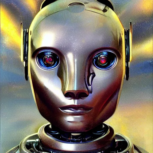 Prompt: an intricate, detailed face of a robot, metal skin with some scratches, dramatic lighting, sci-fi, 50mm lens, DOF, art nouveau, by John Berkey