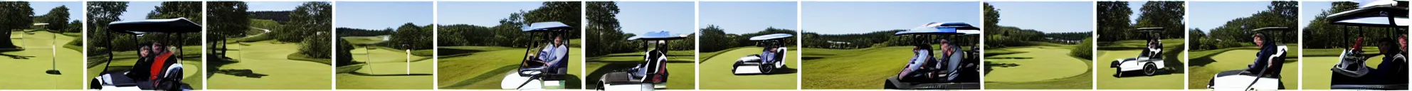 Image similar to 8 consistent frames from a video of a man driving golf cart on a golf course