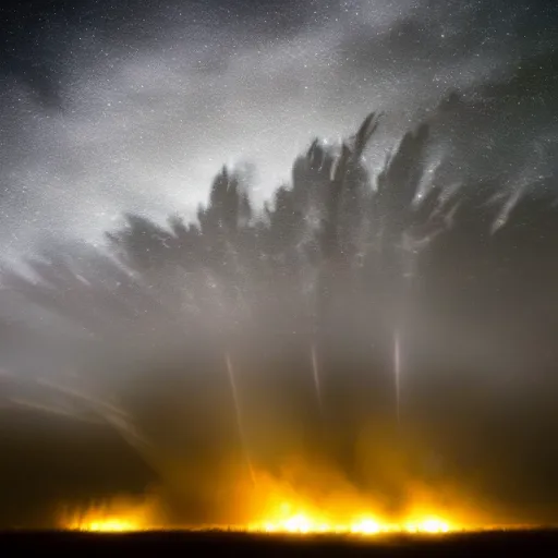 Image similar to found footage of explosion in the sky, 4 k, night, fog