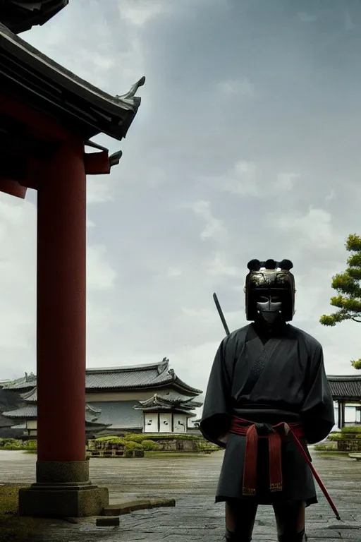 Prompt: a godlike and indomitable helmeted and masked samurai .samurai temple and Rising sun in background. Badass pose , Photo realistic , Gregory Crewdson , Award winning. Masterpiece, exquisite detail, post processing