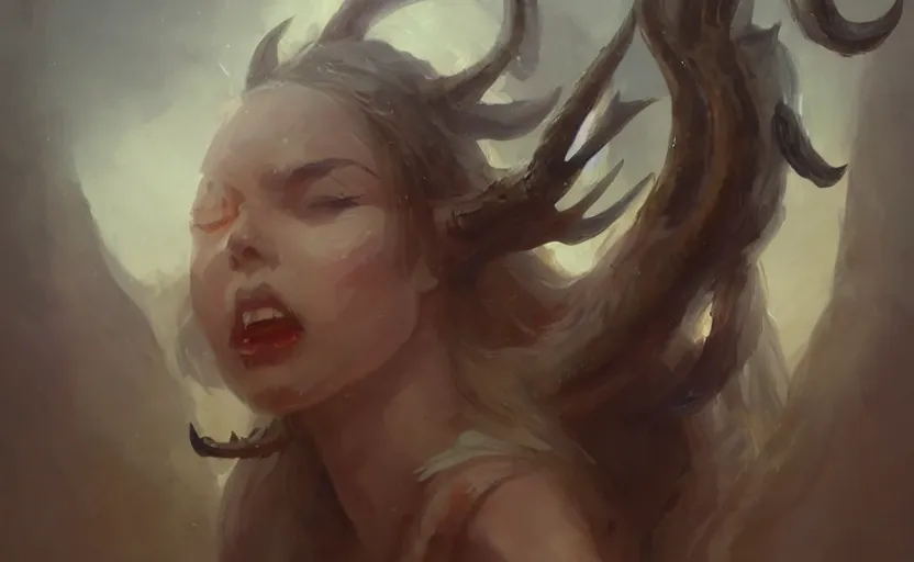 Prompt: a painting of aki trending on artstation in the style of greg rutkowski, beautiful, sensual, natural, demon horns