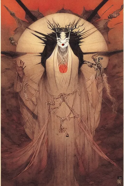 Image similar to kabuki ghost by wayne barlowe, gustav moreau, goward,  Gaston Bussiere and roberto ferri, santiago caruso, and austin osman spare, ((((occult art))))