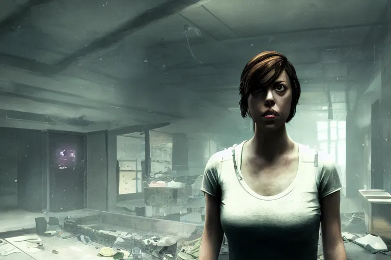 Prompt: a gaming screenshot portrait still of aubrey plaza in resident evil, moebius, greg rutkowski, gloomy night, zabrocki, karlkka, jayison devadas, phuoc quan, trending on artstation, 8 k, ultra wide angle, video game graphics, realistic unreal engine 3 d game, zenith view, cyberpunk pincushion lens effect