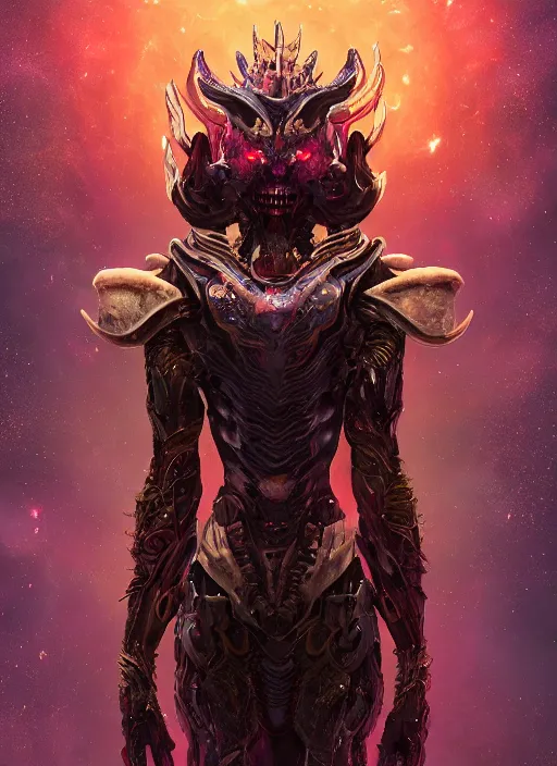 Prompt: a space demon wearing a cosmic armor on space, au naturel, hyper detailed, digital art, trending in artstation, cinematic lighting, studio quality, smooth render, unreal engine 5 rendered, octane rendered, art style by klimt and nixeu and ian sprigger and wlop and krenz cushart