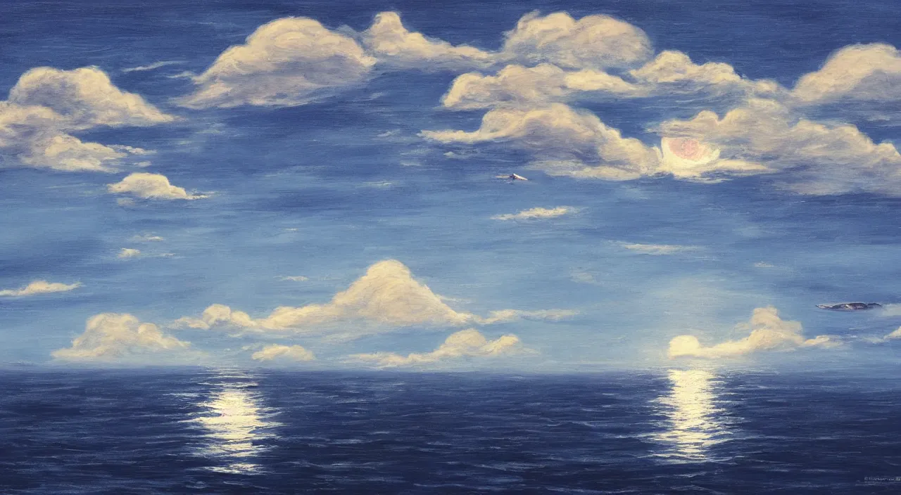 Image similar to ocean in the sky, whales, clouds, moon, water