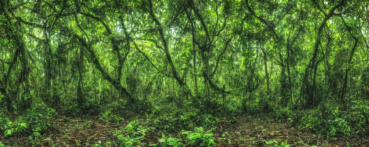 Image similar to photo of a jungle with large trees and vines, mud, puddles, foliage, realistic