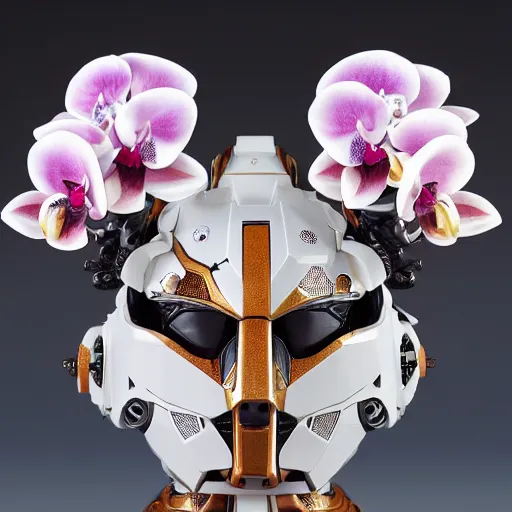 Image similar to futuristic phalaenopsis amabilis mecha tiger face in moon body, sepals forming helmet, floral details, phalaenopsis, 8 k hd resolution, barbatos gundam with floral inlay, bandai box art, star wars, makoto kobayashi, frank gehry, raymond swanland