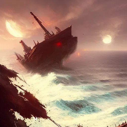 Image similar to A ship falling off the edge of the world, fantasy art by Greg Rutkowski