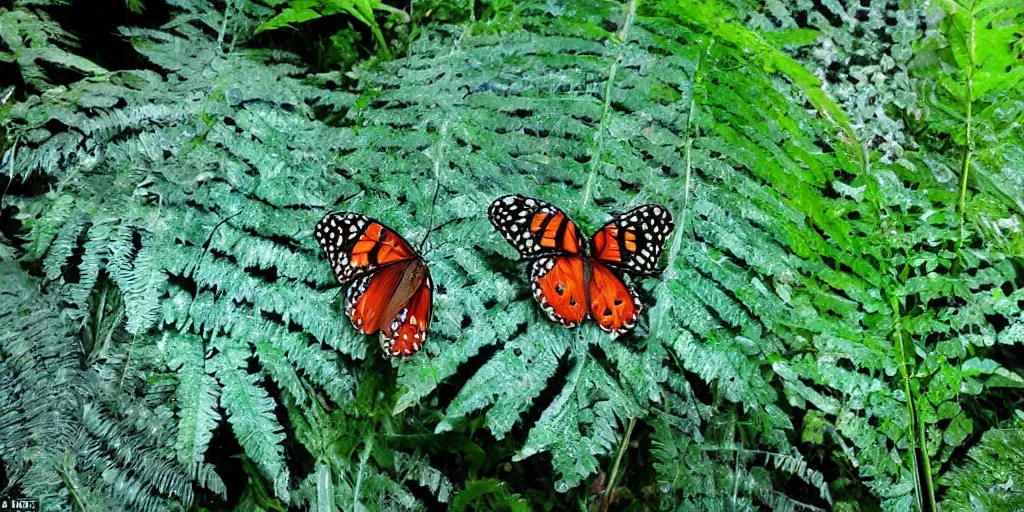 Prompt: butterfly colonies over beautiful green and blue ferns, droplets of water on the leaves sparkling in the sun, moist skin, wet bodies intertwined between the leaves, butterflies sitting on her shoulders